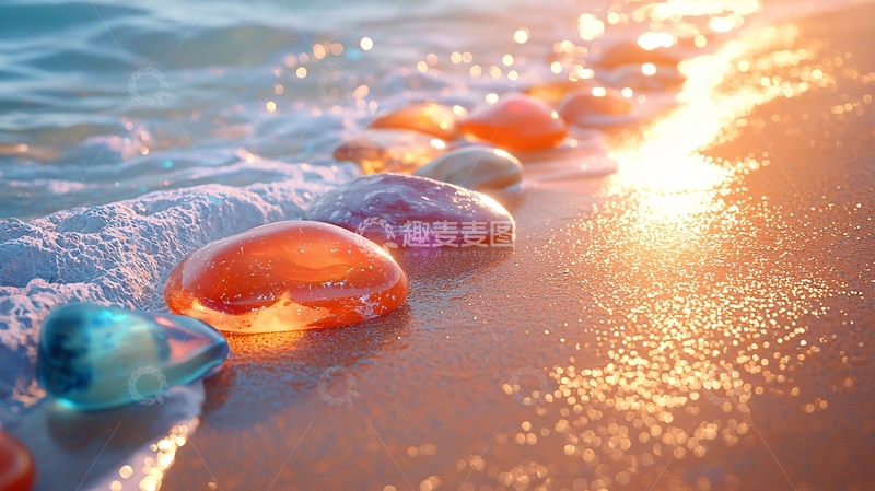 高清大图下载【趣麦麦图】海滩上的彩色玻璃石