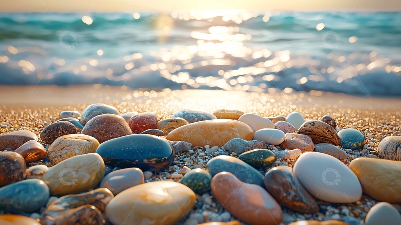 高清大图下载【趣麦麦图】海滩卵石和波光粼粼的海面