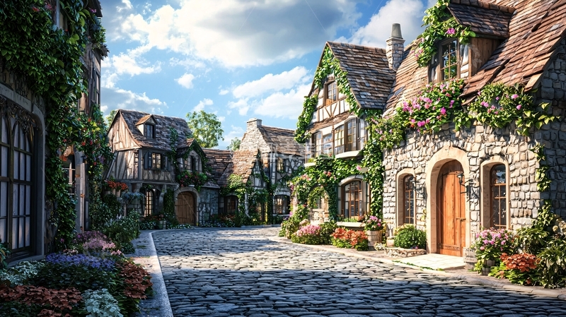 高清大图下载【趣麦麦图】阳光下的欧洲小镇石板路