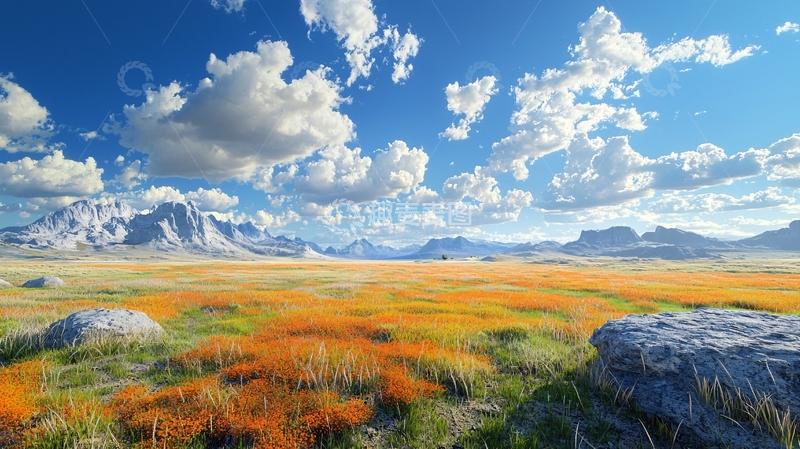 高清大图下载【趣麦麦图】广阔草原蓝天白云山脉