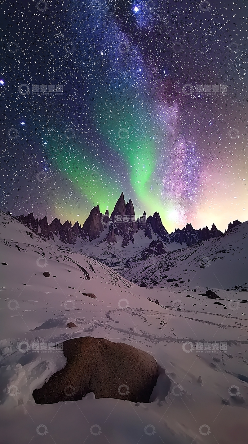 高清大图下载【趣麦麦图】雪山星空极光夜景