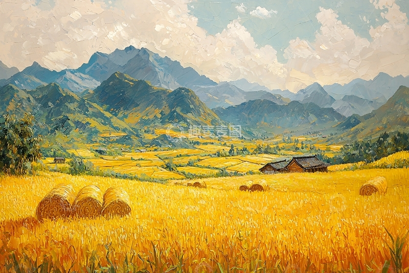 高清大图下载【趣麦麦图】金色麦田山景小屋