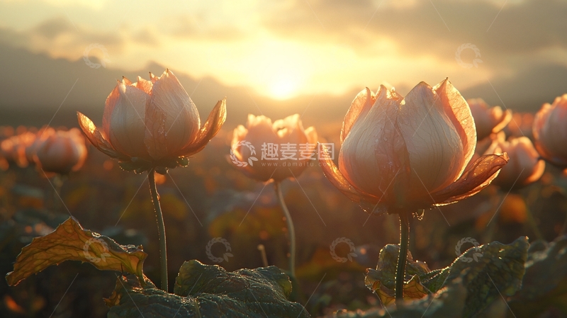 高清大图下载【趣麦麦图】日出时分盛开的粉色花朵