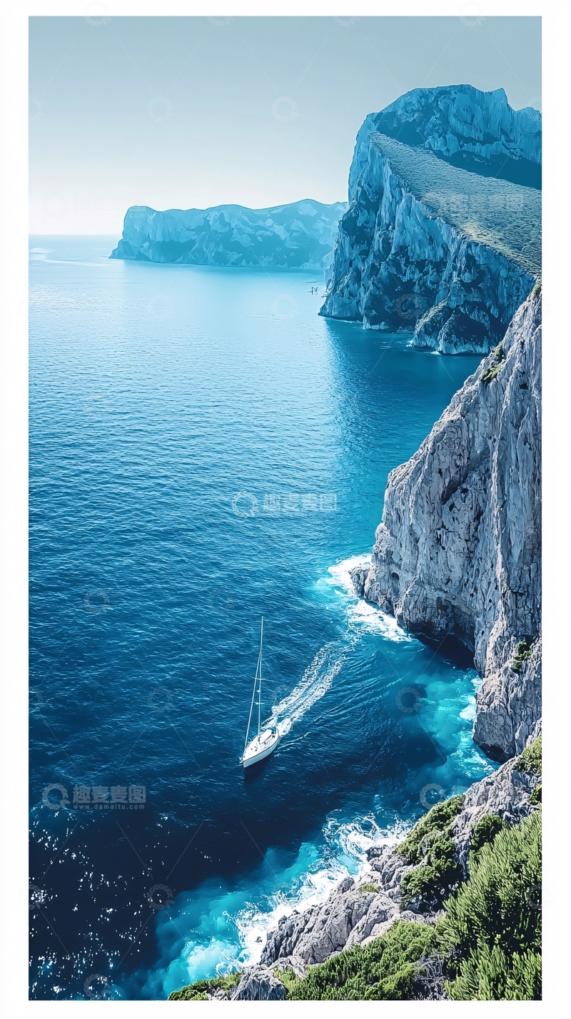 高清大图下载【趣麦麦图】海边悬崖游艇航行