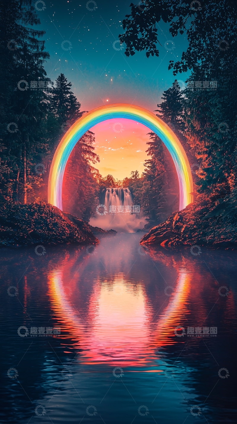 高清大图下载【趣麦麦图】梦幻彩虹瀑布森林