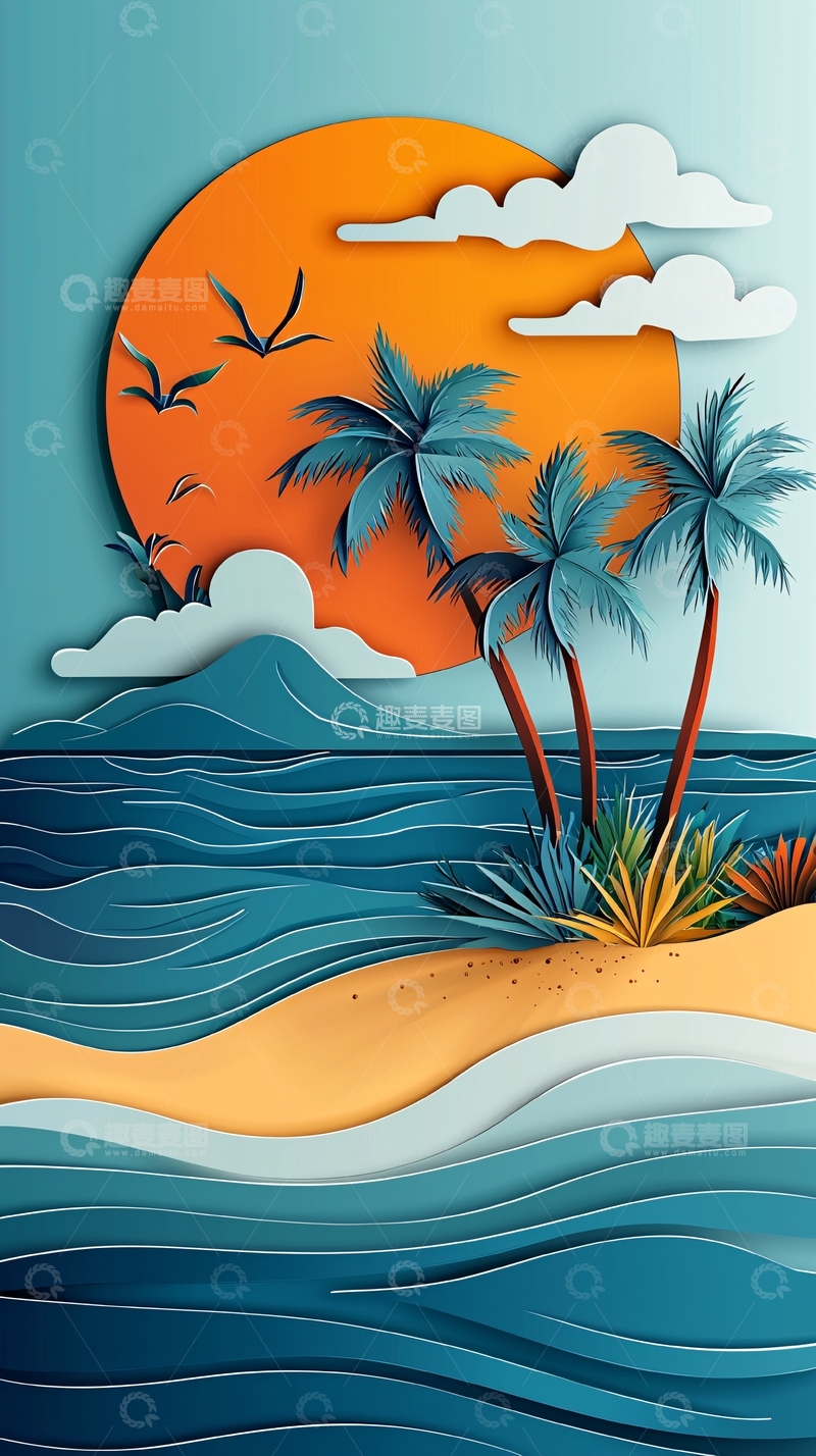 高清大图下载【趣麦麦图】纸艺海滩落日
