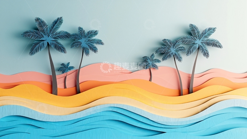 高清大图下载【趣麦麦图】简约纸艺热带海滩