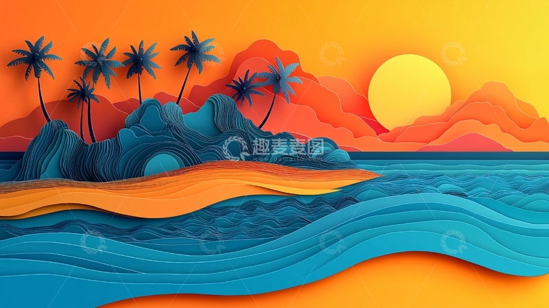 高清大图下载【趣麦麦图】海边日落剪纸风格插画