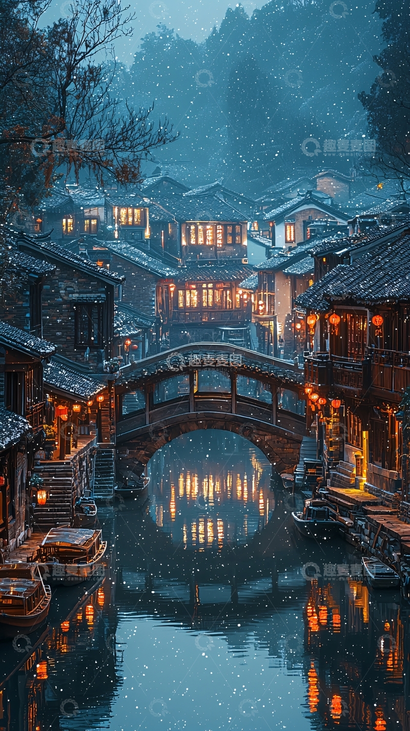 高清大图下载【趣麦麦图】雪夜中的古镇灯火