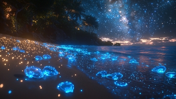 夜光海滩星空下的蓝色生物