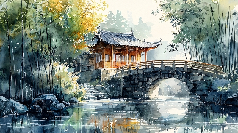 高清大图下载【趣麦麦图】水墨风古建筑桥梁