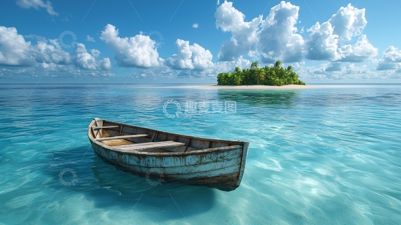 高清大图下载【趣麦麦图】小船在清澈海面上