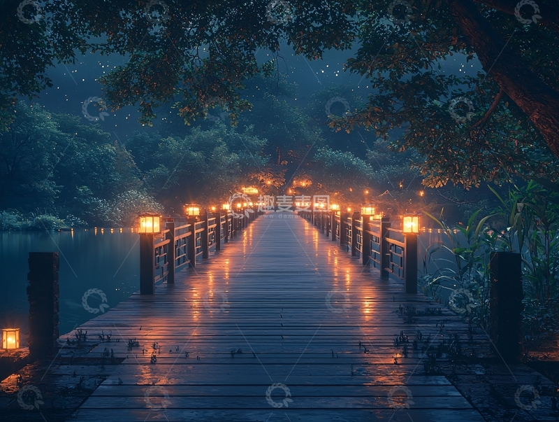 高清大图下载【趣麦麦图】幽静夜色下的木栈道