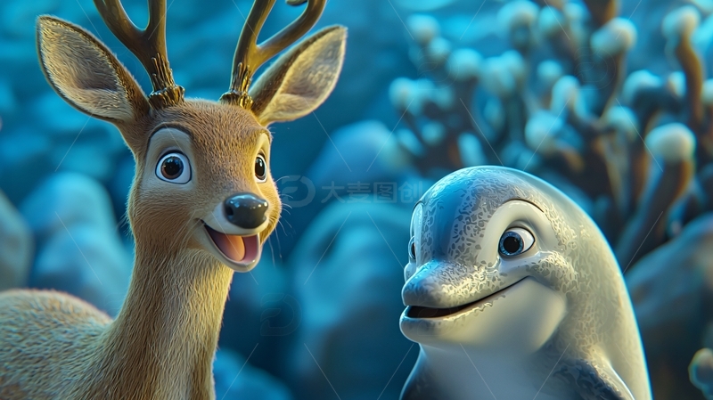 高清大图下载【趣麦麦图】卡通鹿和海豚