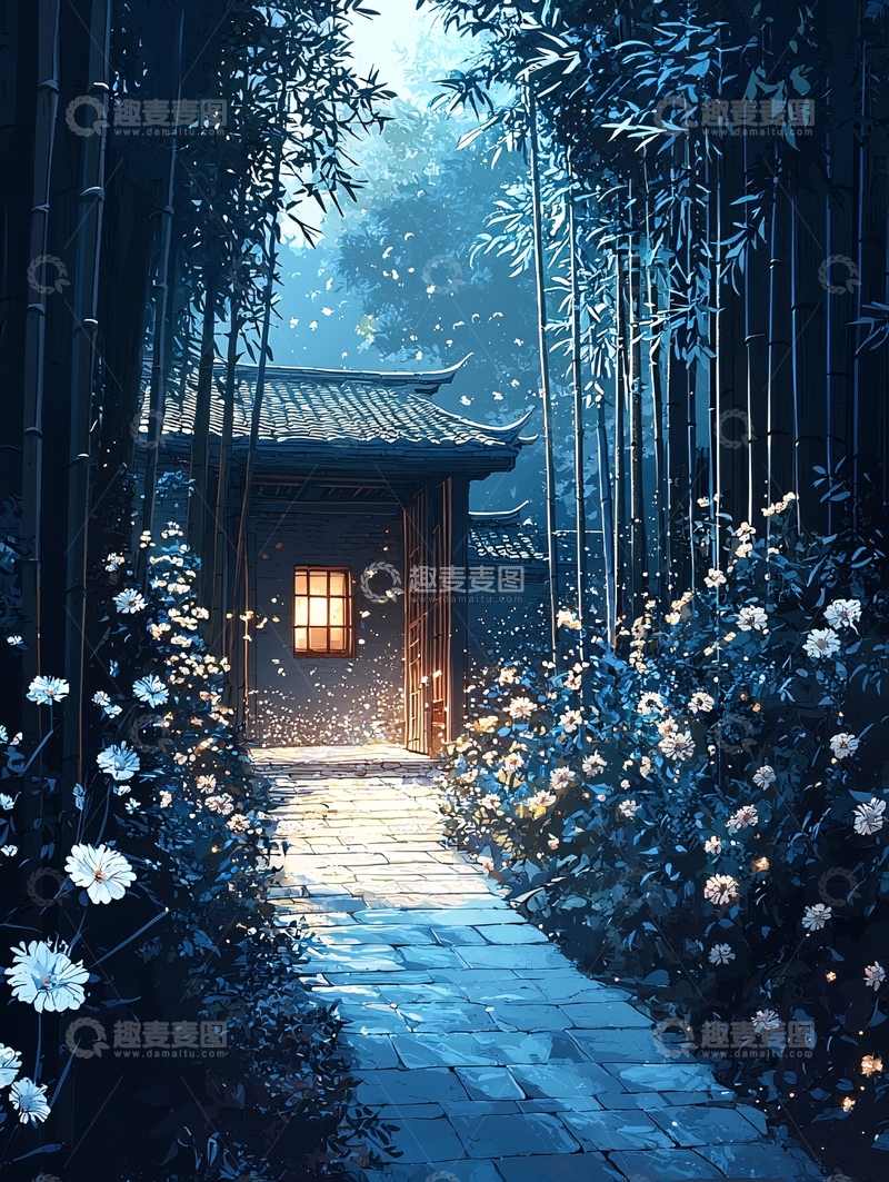 高清大图下载【趣麦麦图】夜色中的竹林庭院小路