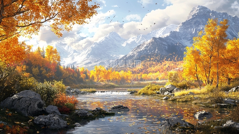 高清大图下载【趣麦麦图】秋日山谷河流风景
