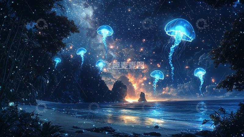 高清大图下载【趣麦麦图】梦幻水母夜空海岸