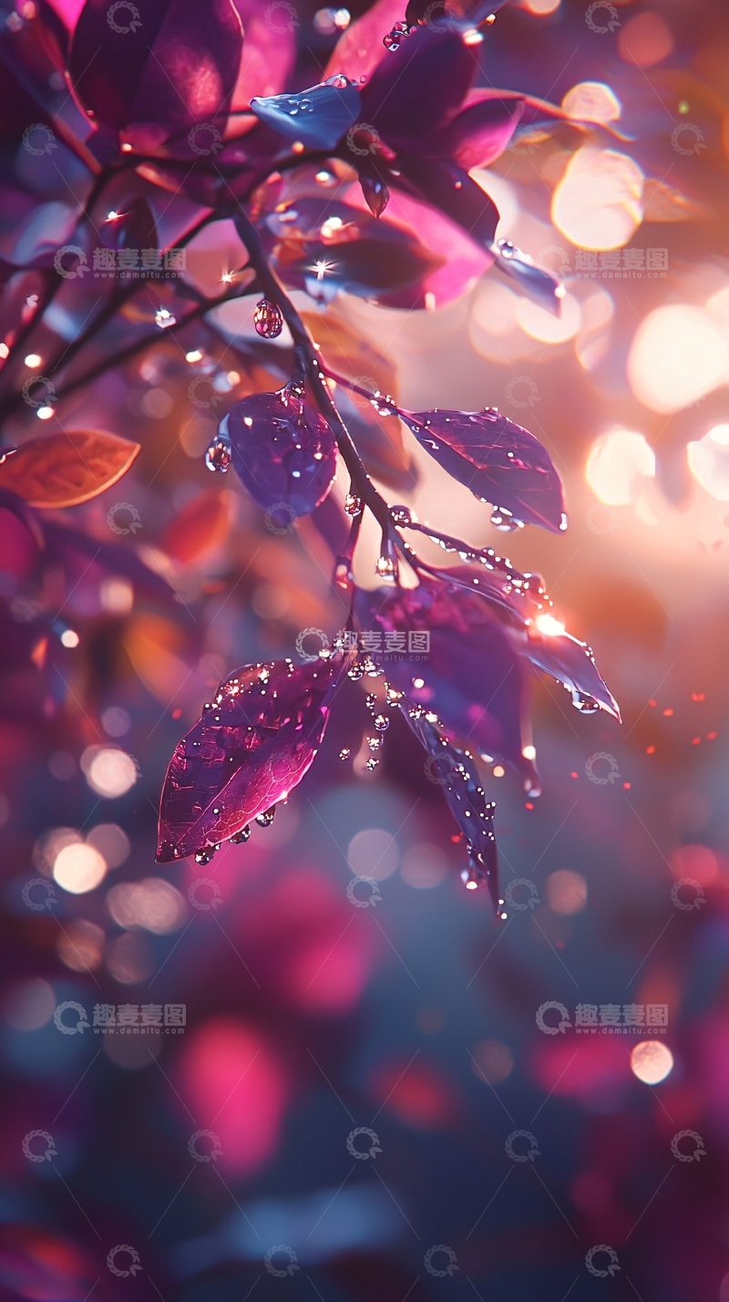 高清大图下载【趣麦麦图】紫色叶子雨滴