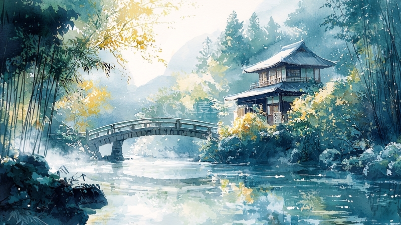 高清大图下载【趣麦麦图】水墨风山水小屋桥