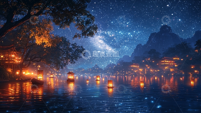 高清大图下载【趣麦麦图】星空下湖边灯火人家