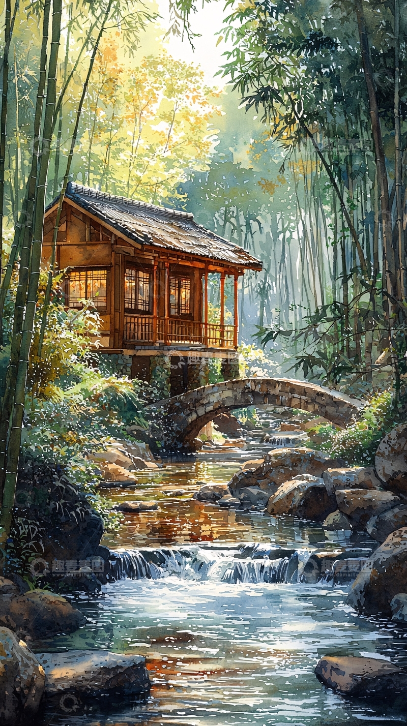 高清大图下载【趣麦麦图】竹林小屋流水潺潺