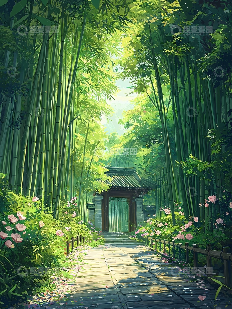 高清大图下载【趣麦麦图】竹林小径通向古老门楼
