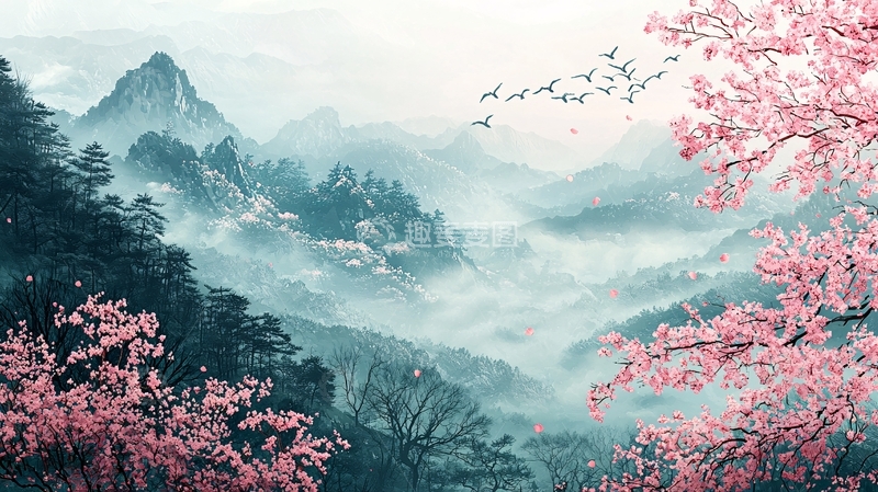 高清大图下载【趣麦麦图】水墨山水桃花飞鸟