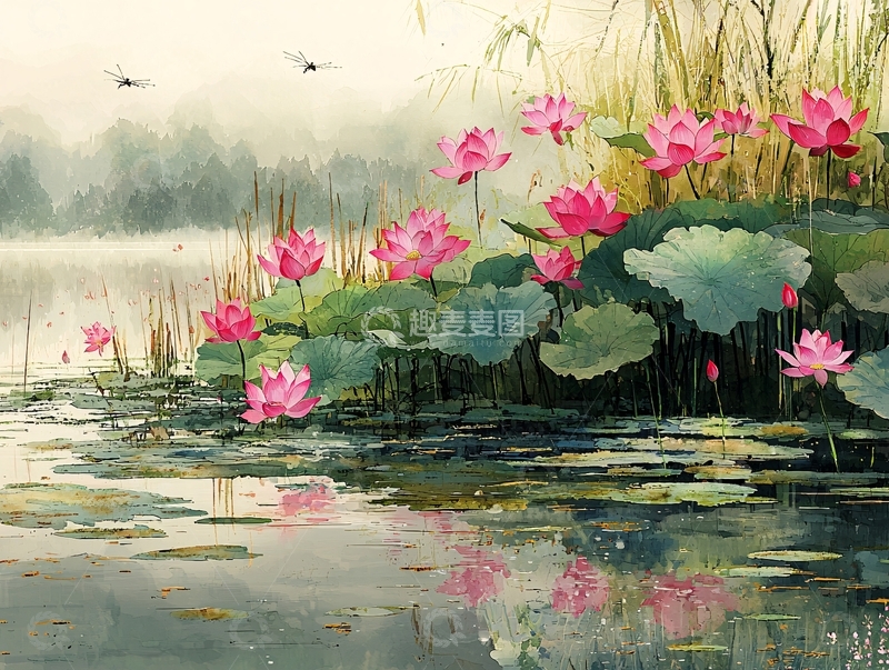 高清大图下载【趣麦麦图】水墨荷花蜻蜓