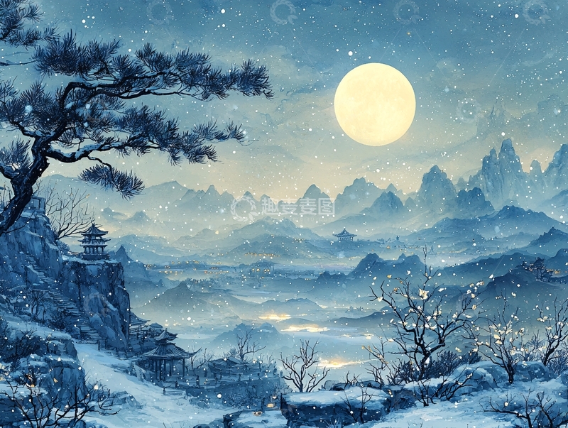 高清大图下载【趣麦麦图】冬日雪夜山水