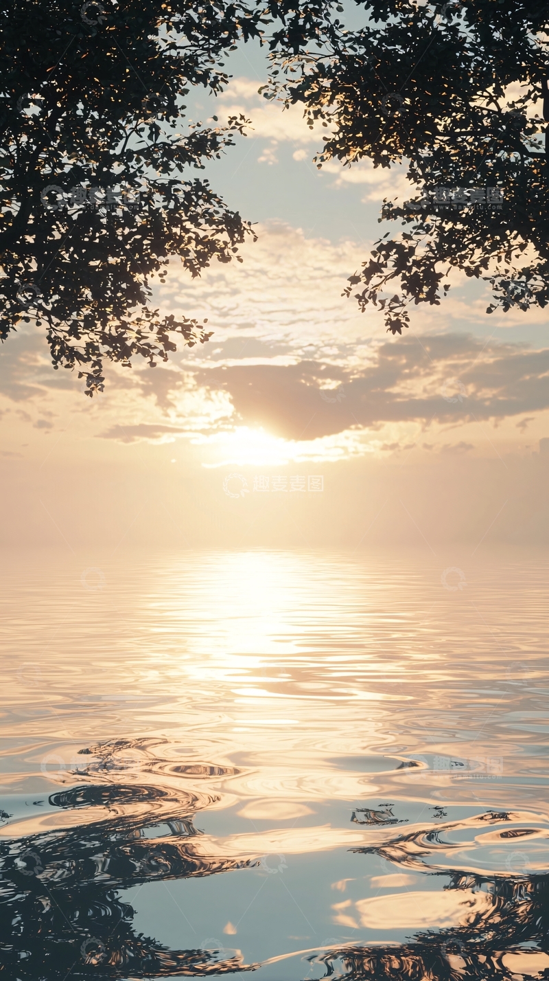 高清大图下载【趣麦麦图】树荫下平静湖面日落