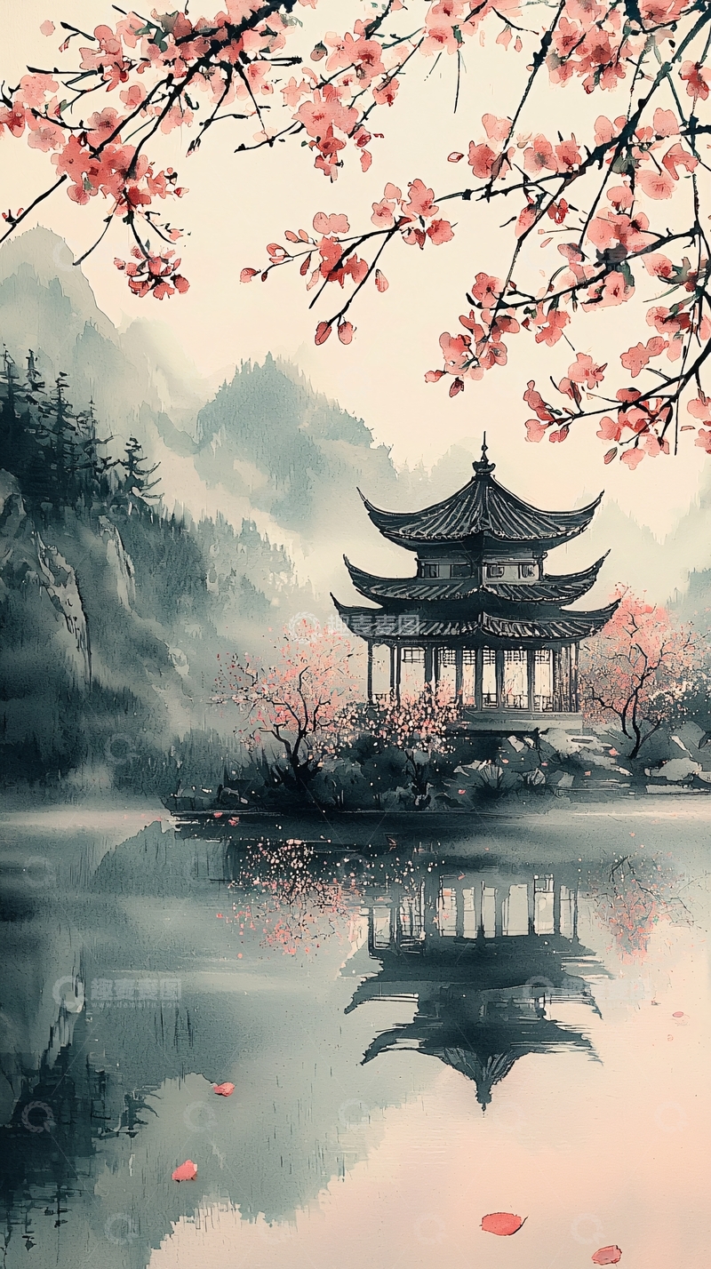 高清大图下载【趣麦麦图】水墨风桃花亭台楼阁山水
