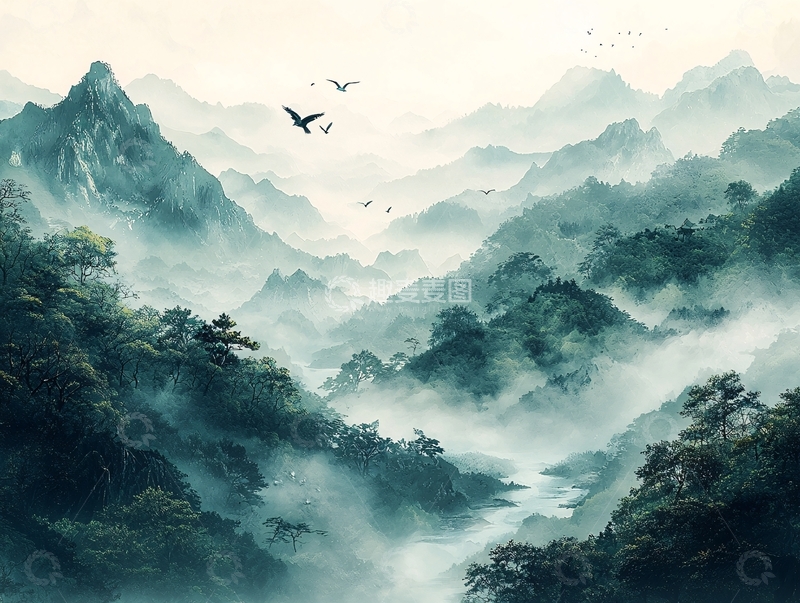 高清大图下载【趣麦麦图】水墨山水云雾缭绕的群山