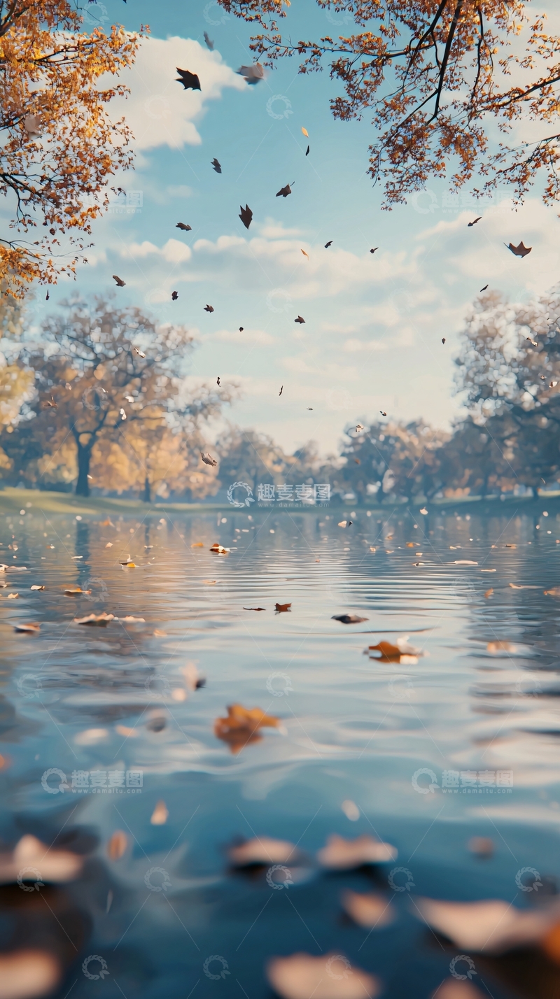 高清大图下载【趣麦麦图】秋日湖边落叶纷飞