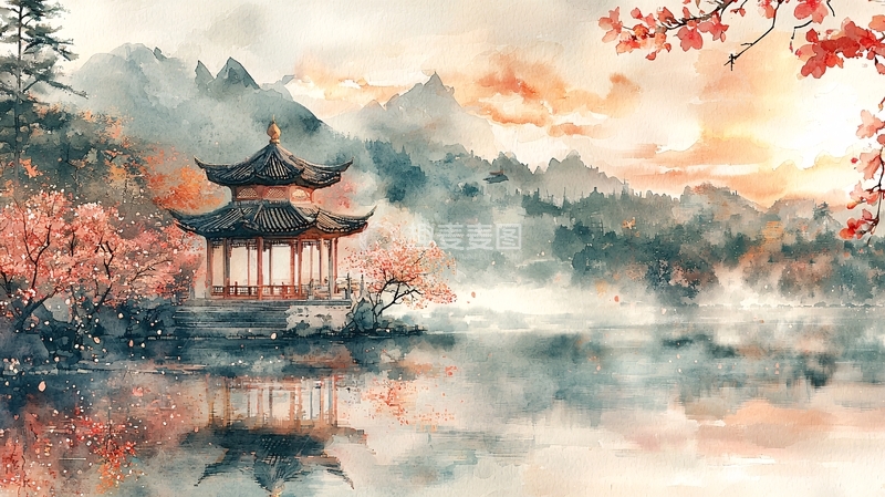 高清大图下载【趣麦麦图】水墨山水亭台楼阁