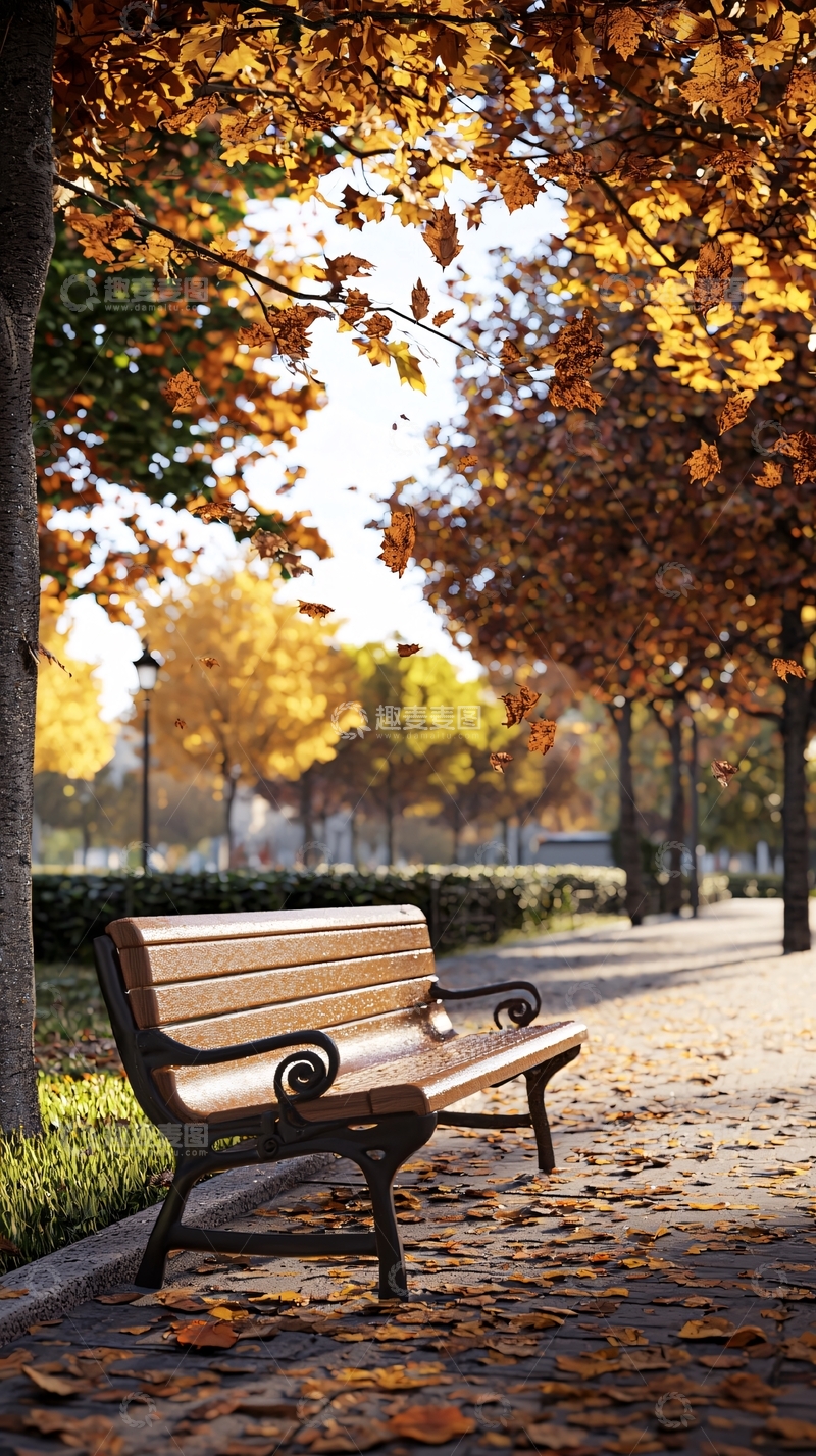 高清大图下载【趣麦麦图】秋日公园长椅落叶