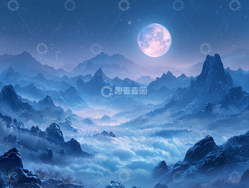 高清大图下载【趣麦麦图】梦幻蓝色山脉月夜