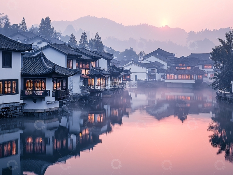 高清大图下载【趣麦麦图】清晨雾气中的江南水乡