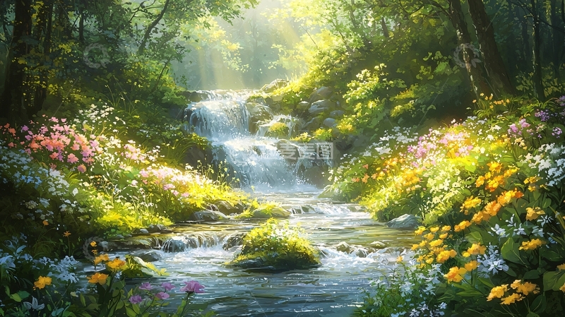 高清大图下载【趣麦麦图】森林瀑布鲜花溪流