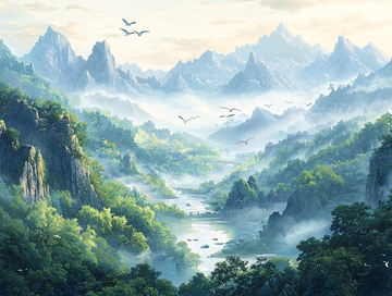 水墨画风格的青绿山水画卷