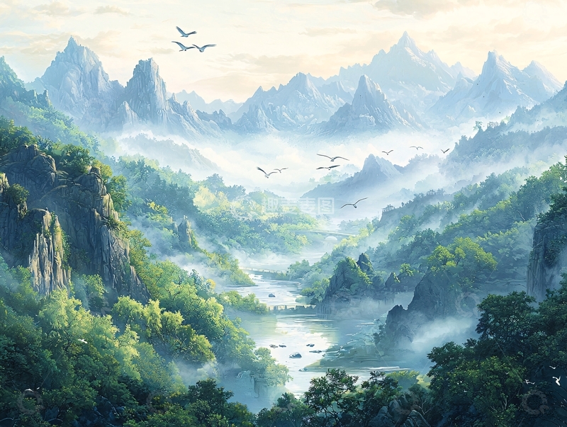 高清大图下载【趣麦麦图】水墨画风格的青绿山水画卷