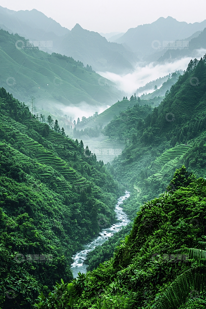 高清大图下载【趣麦麦图】山谷河流梯田雾气