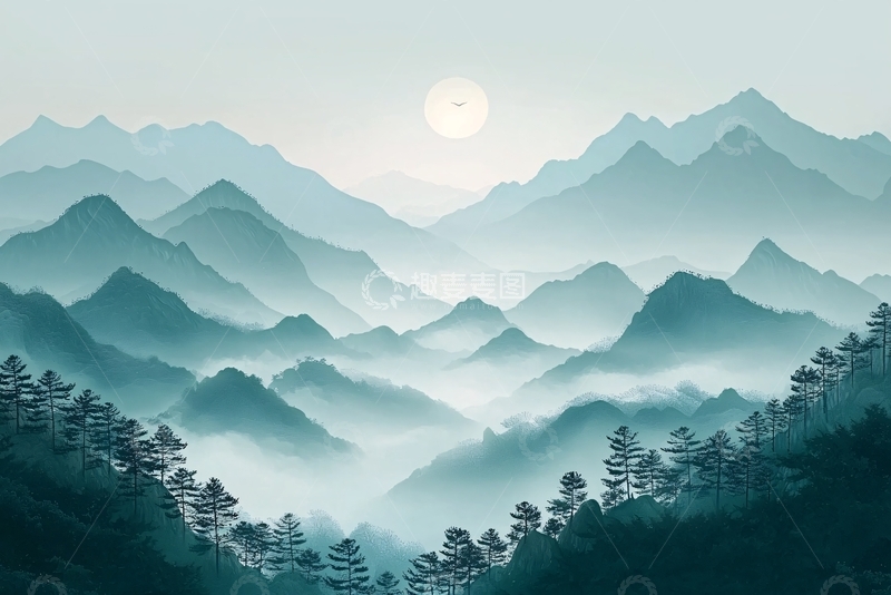 高清大图下载【趣麦麦图】水墨青绿山水画