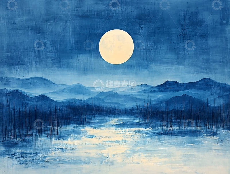 高清大图下载【趣麦麦图】蓝色山水月亮意境油画