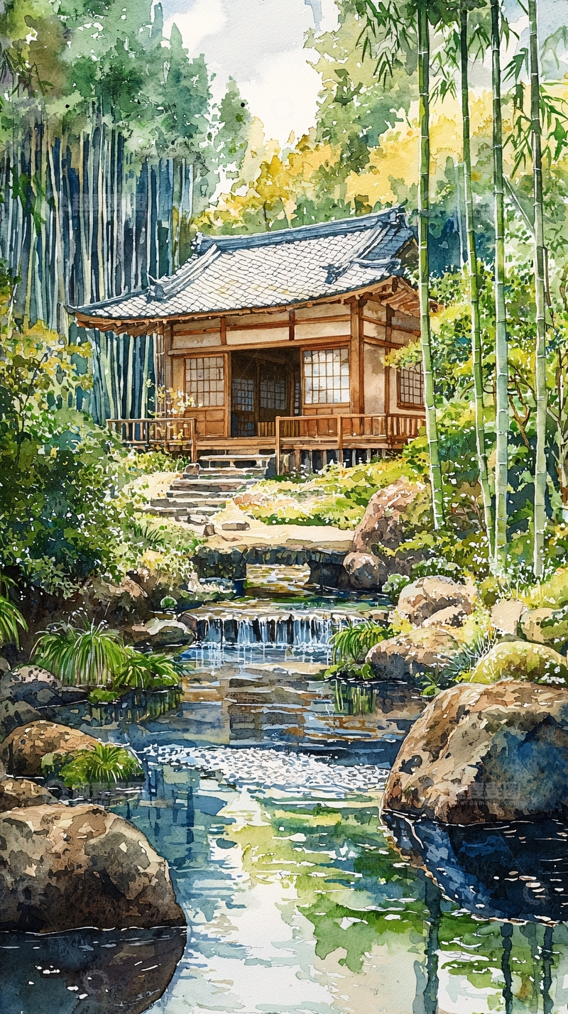 高清大图下载【趣麦麦图】日式庭院中的静谧小屋