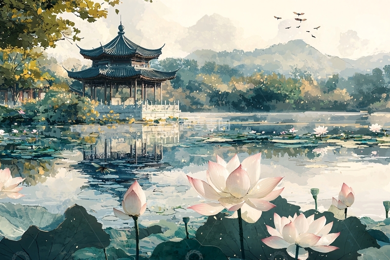 高清大图下载【趣麦麦图】湖边亭台楼阁