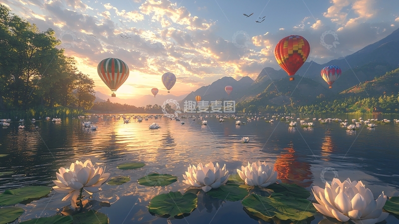 高清大图下载【趣麦麦图】热气球飞过湖面