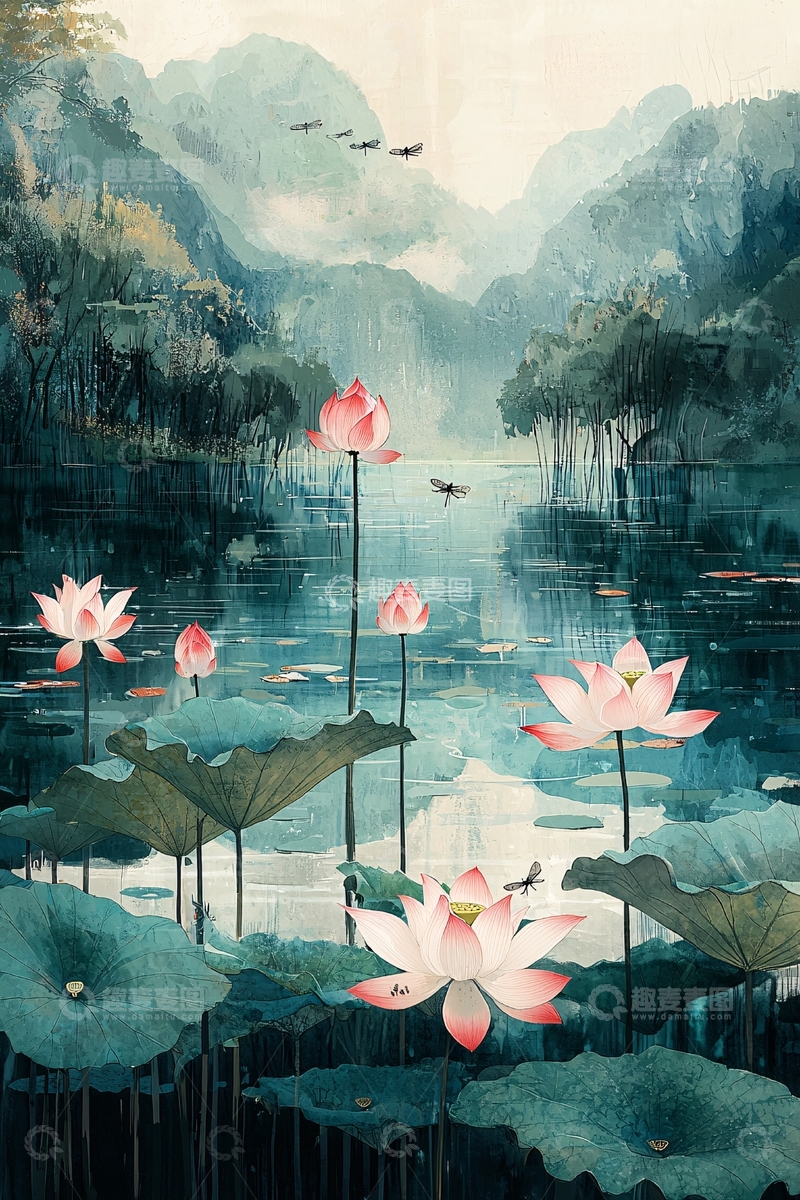 高清大图下载【趣麦麦图】水墨风荷花山水