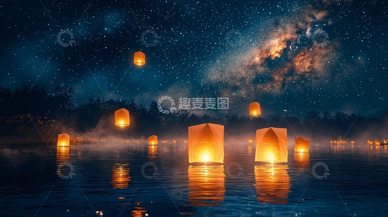 高清大图下载【趣麦麦图】夜空下湖面上漂浮的孔明灯