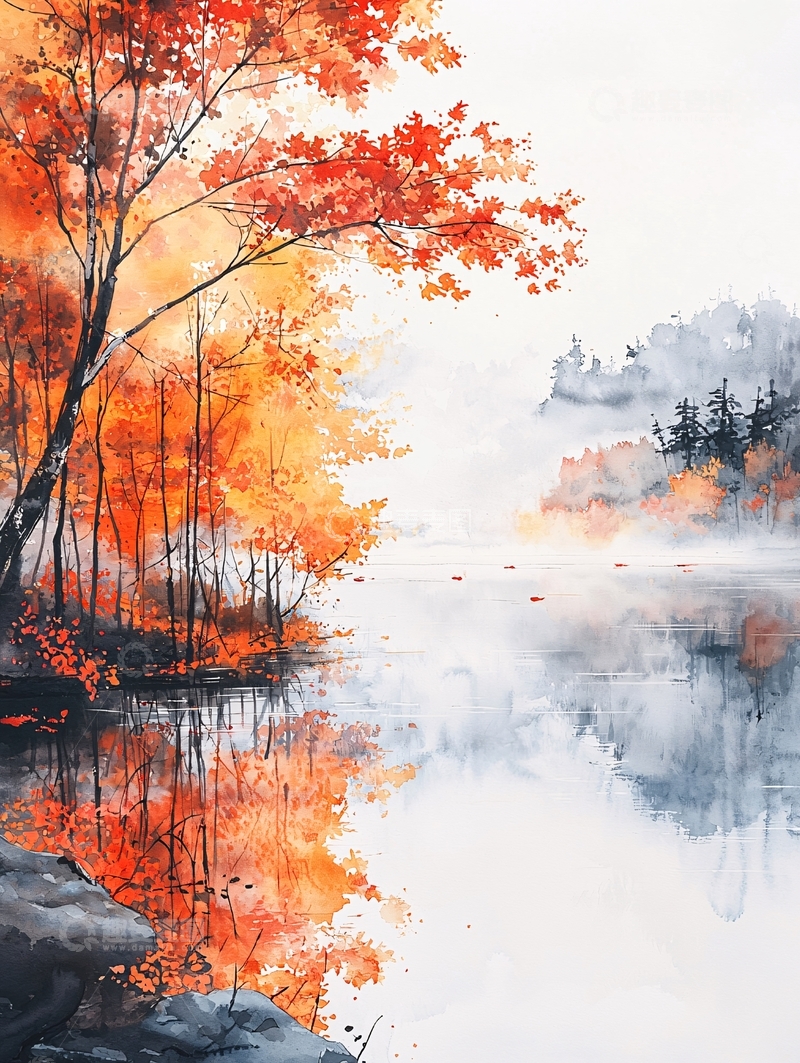 高清大图下载【趣麦麦图】秋日湖畔的红色树林