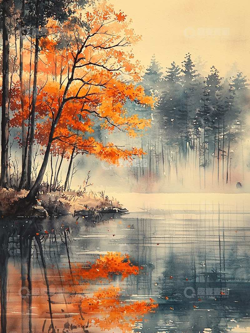 高清大图下载【趣麦麦图】秋日湖边树林水彩画